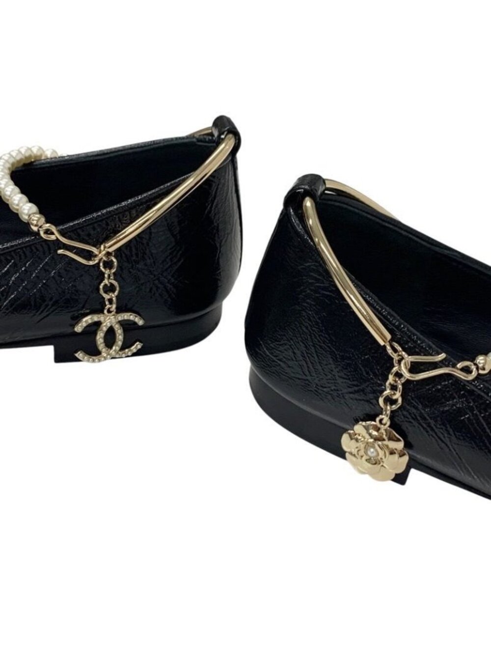 Chanel Flat Shoes Leather Black Gold Ballet Ballerina Coco Mark Pearl - Picture 10 of 10
